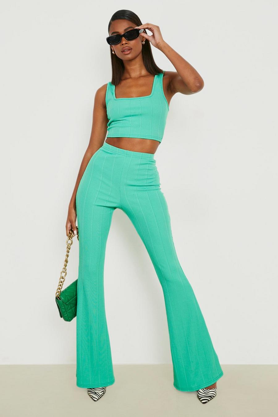 Bright green Bandage Scoop Neck Crop Top & Flared Trousers image number 1