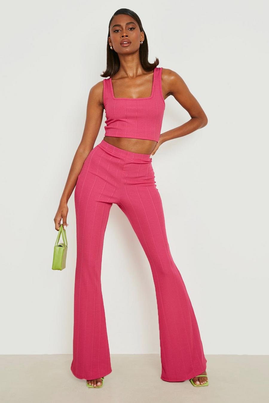 Hot pink Bandage Scoop Neck Crop Top & Flared Trousers image number 1