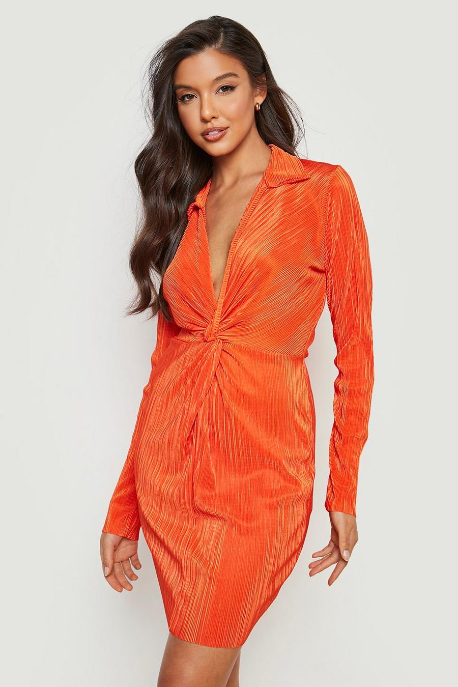 Orange Plisse Twist Front Shirt Dress image number 1