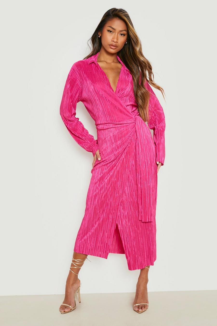 Hot pink Plisse Wrap Shirt Dress