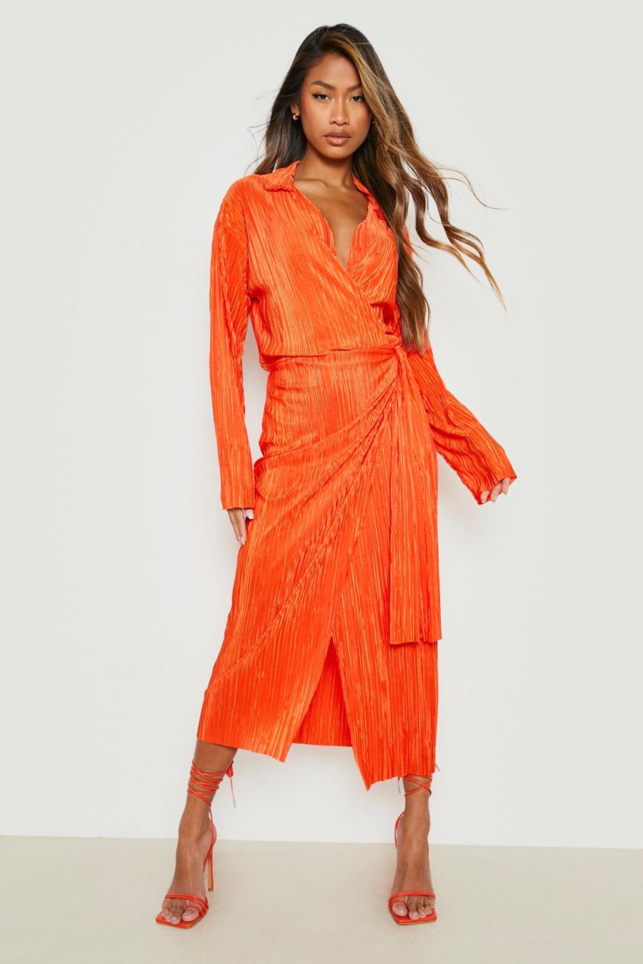 Orange Plisse Wrap Shirt Dress image number 1