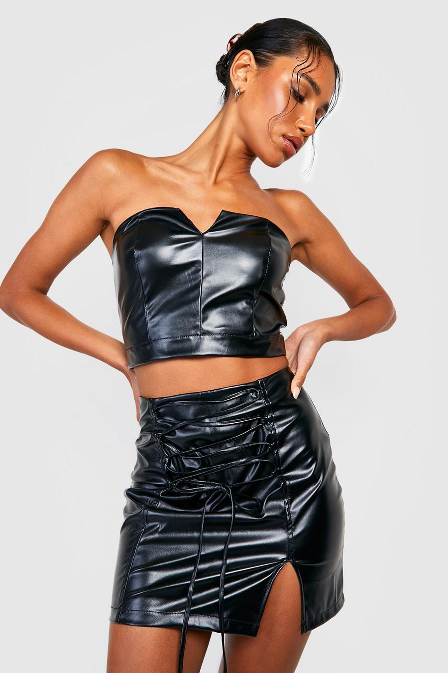 Black noir Leather Look Lace Up Front Mini Skirt 