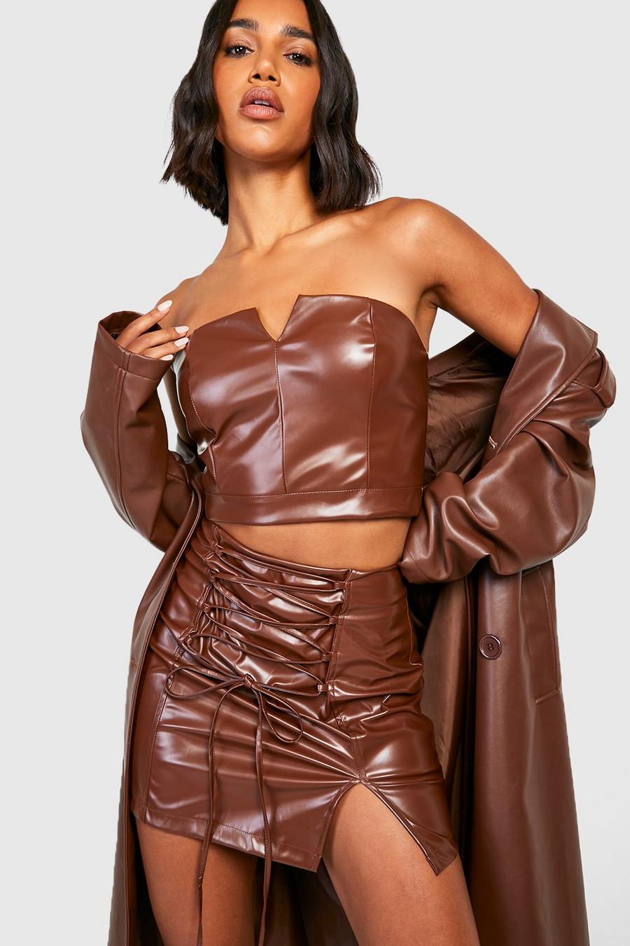 Chocolate Leather Look Lace Up Front Mini Skirt  image number 1