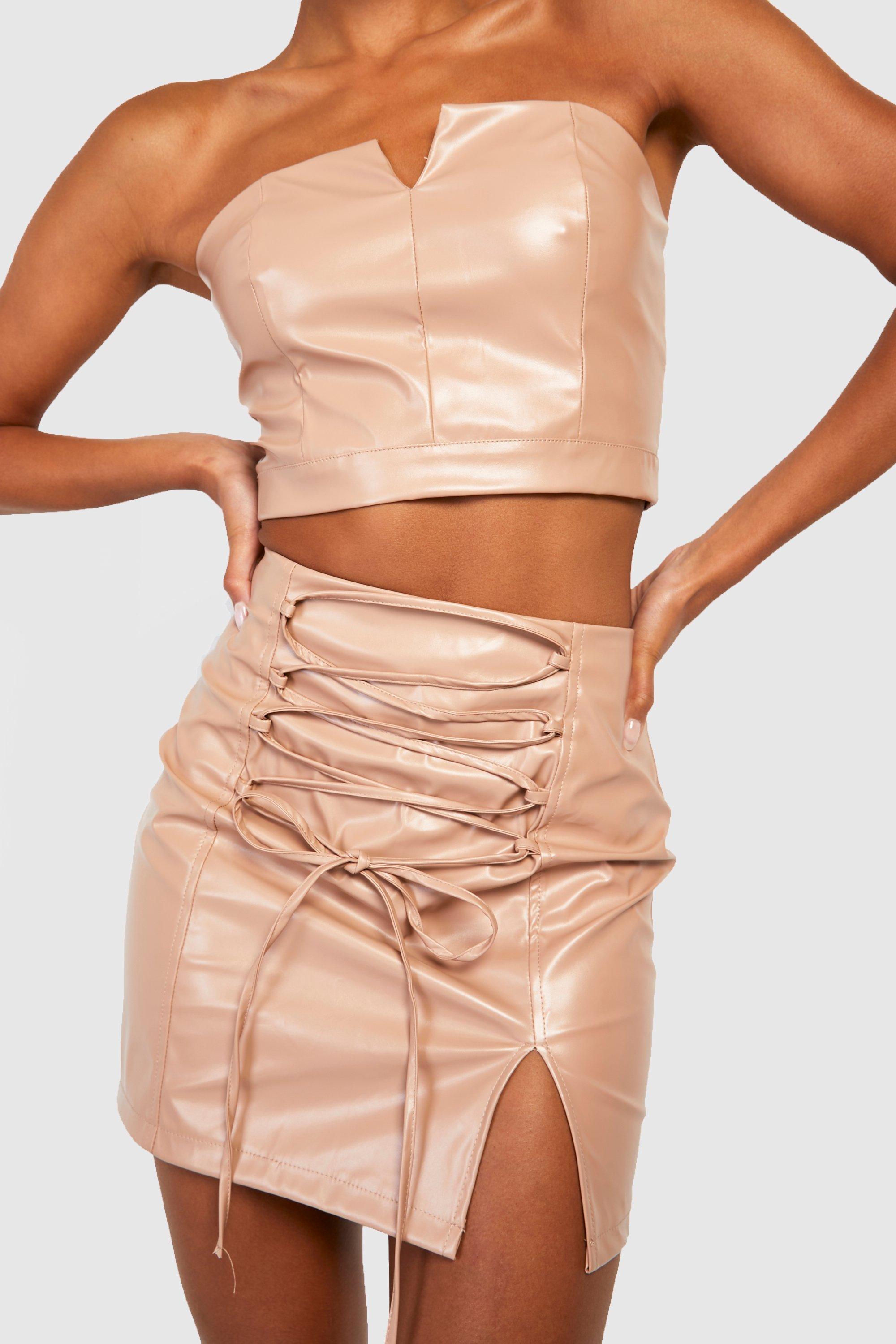 Brown leather skirt on sale boohoo