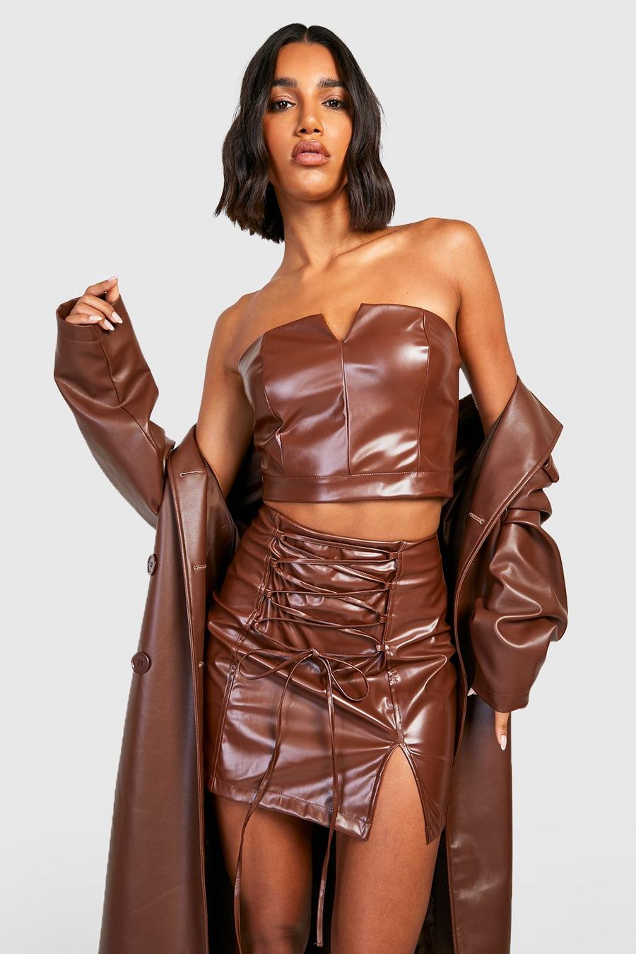 Chocolate marron Leather Look Notch Neck Corset 
