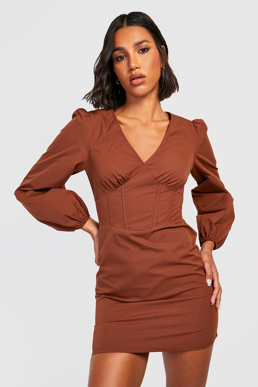 Chocolate brown Corset Detail Volume Sleeve Shirt Dress