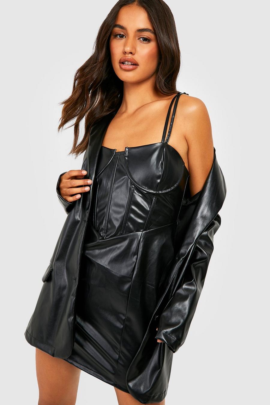 Black Faux Leather Corset Detail Mini Dress image number 1