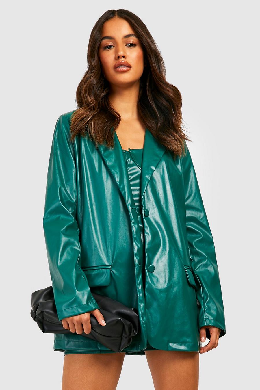 Bottle green Faux Leather Longline Tailored Blazer image number 1