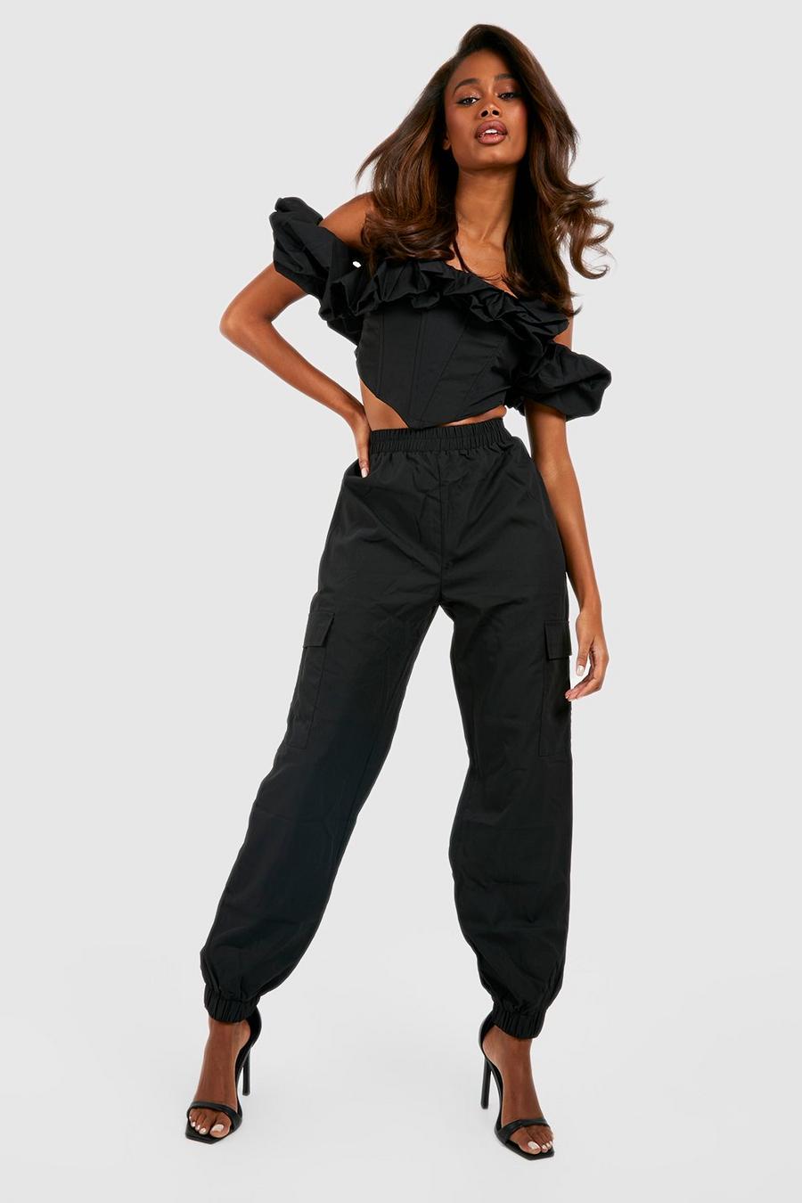 Black Pocket Side Relaxed Fit Cargo Trousers  image number 1