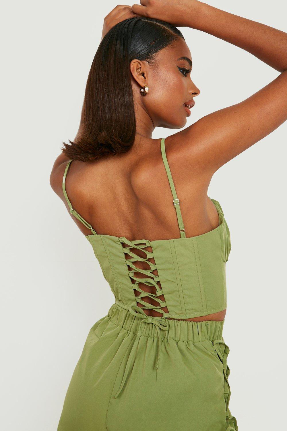 Taupe Frill Bust Lace Up Back Corset, Tops