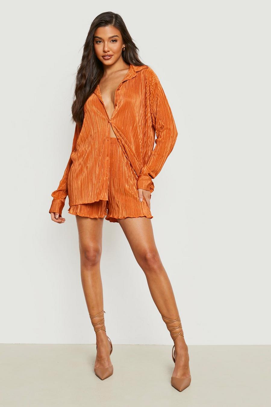 Burnt orange Plisse Overhemd En Shorts Set image number 1