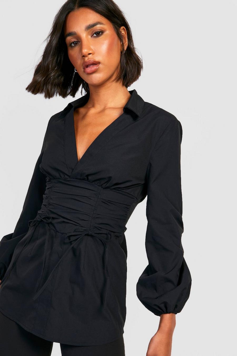 Black Ruched Waist Corset Detail Tailored Shirt image number 1