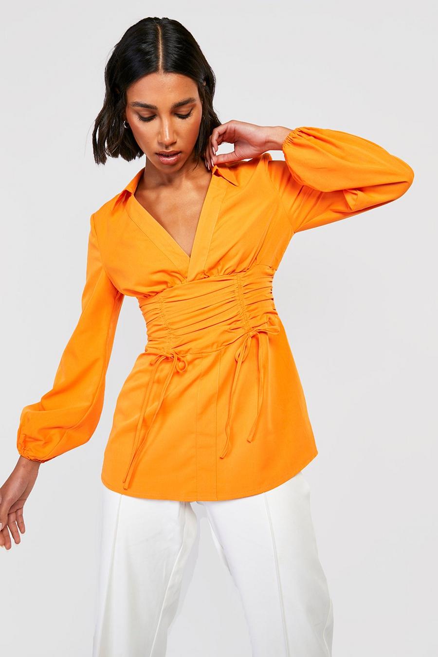 Orange Ruched Waist Corset Detail Tailored Shirt image number 1