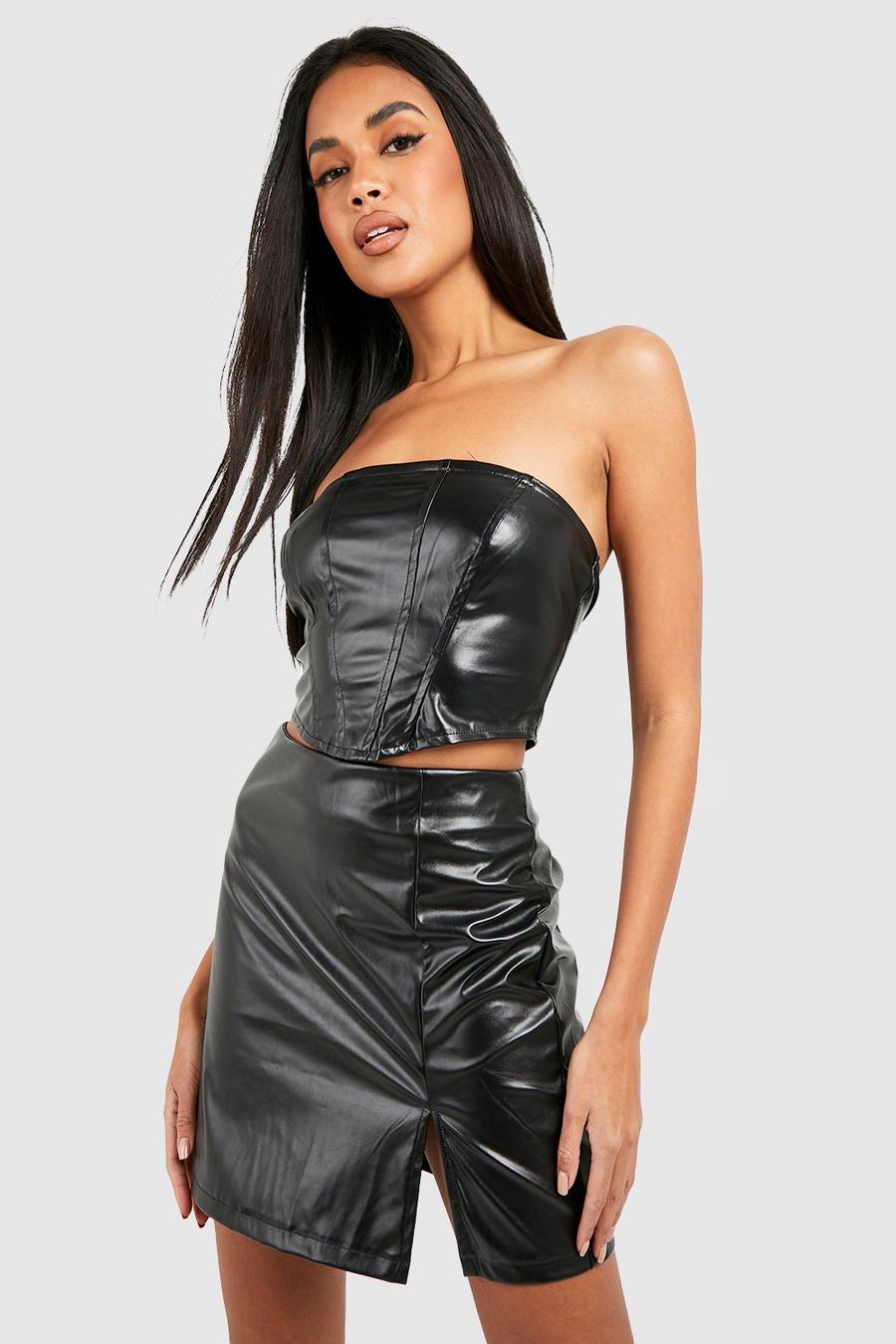 Black Leather Look Split Side Mini Skirt  image number 1