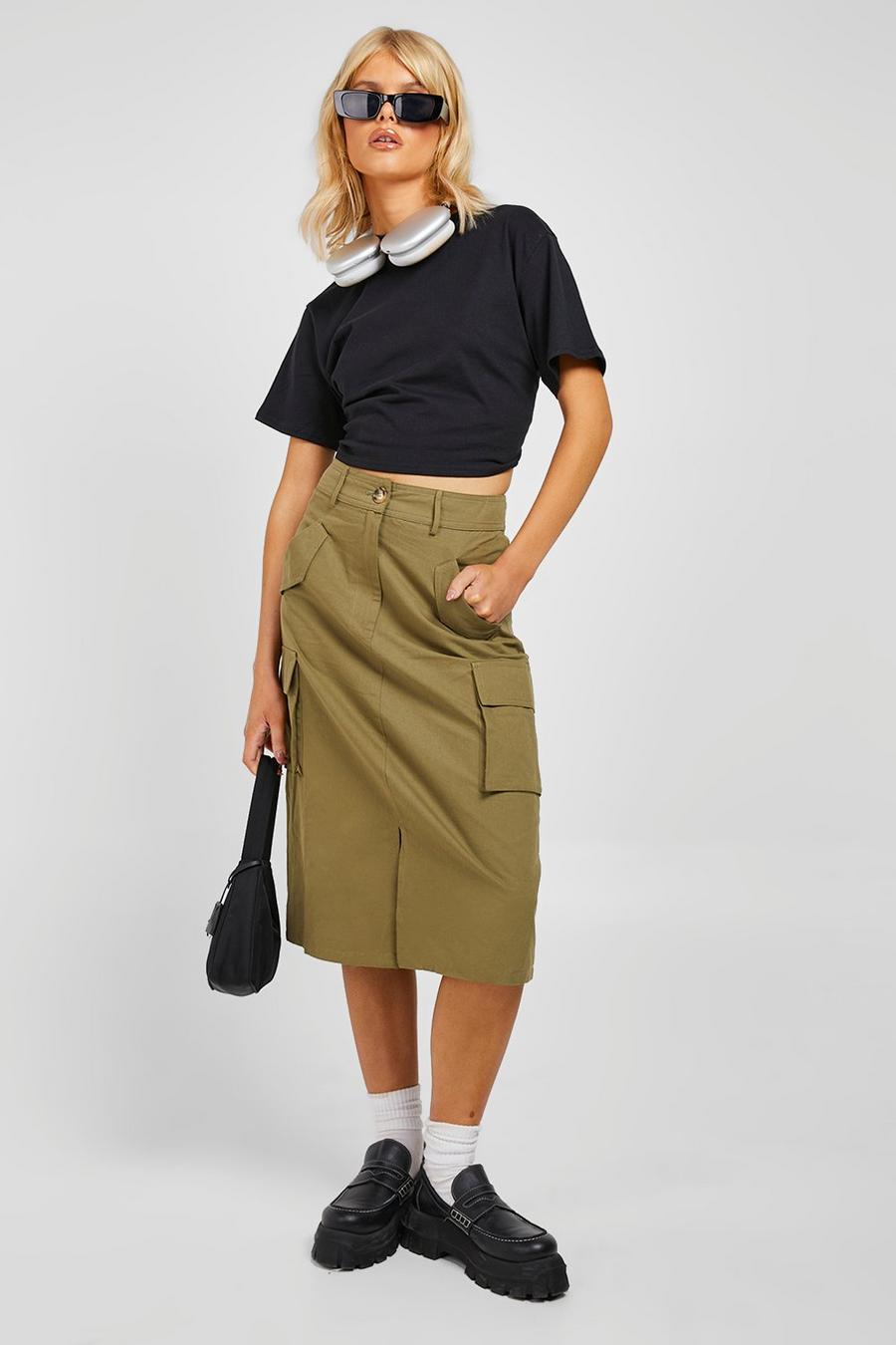 Khaki Pocket Detail Cargo Midi Skirt image number 1