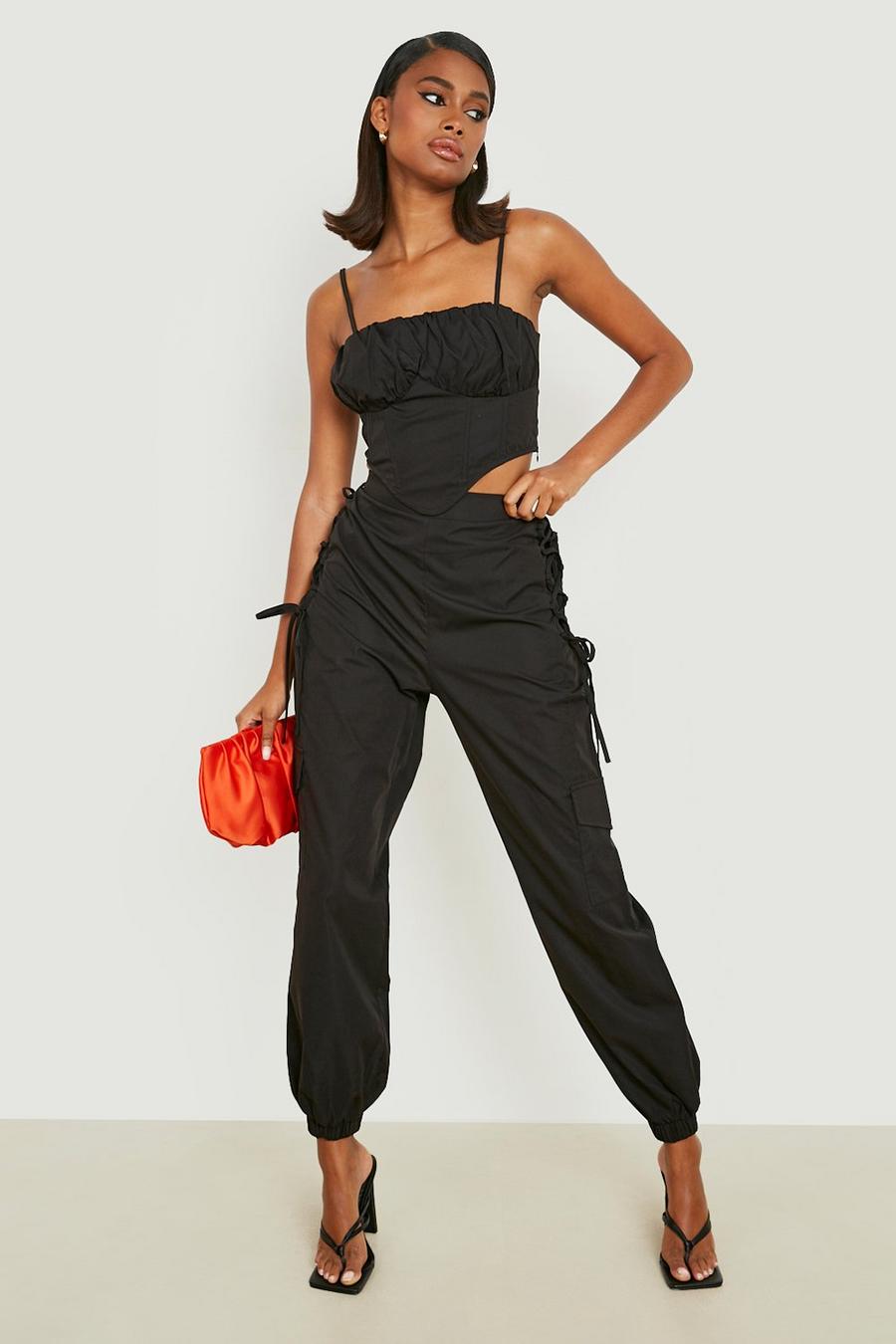 Black Lace Up Side Cargo Trousers 