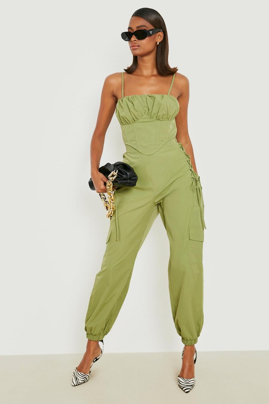 Khaki Lace Up Side Cargo Trousers  image number 1