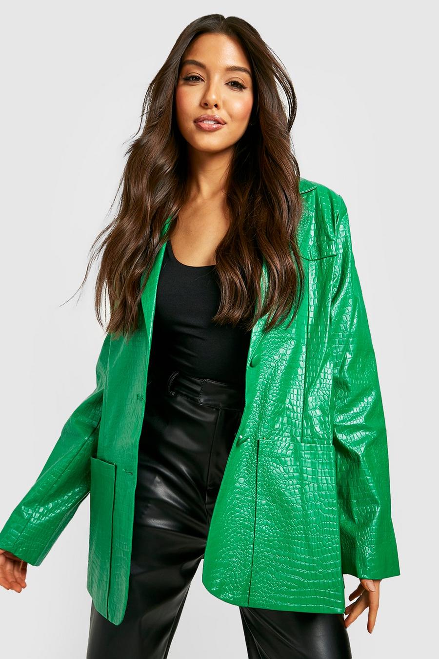 Bright green Mock Croc Faux Leather Blazer image number 1