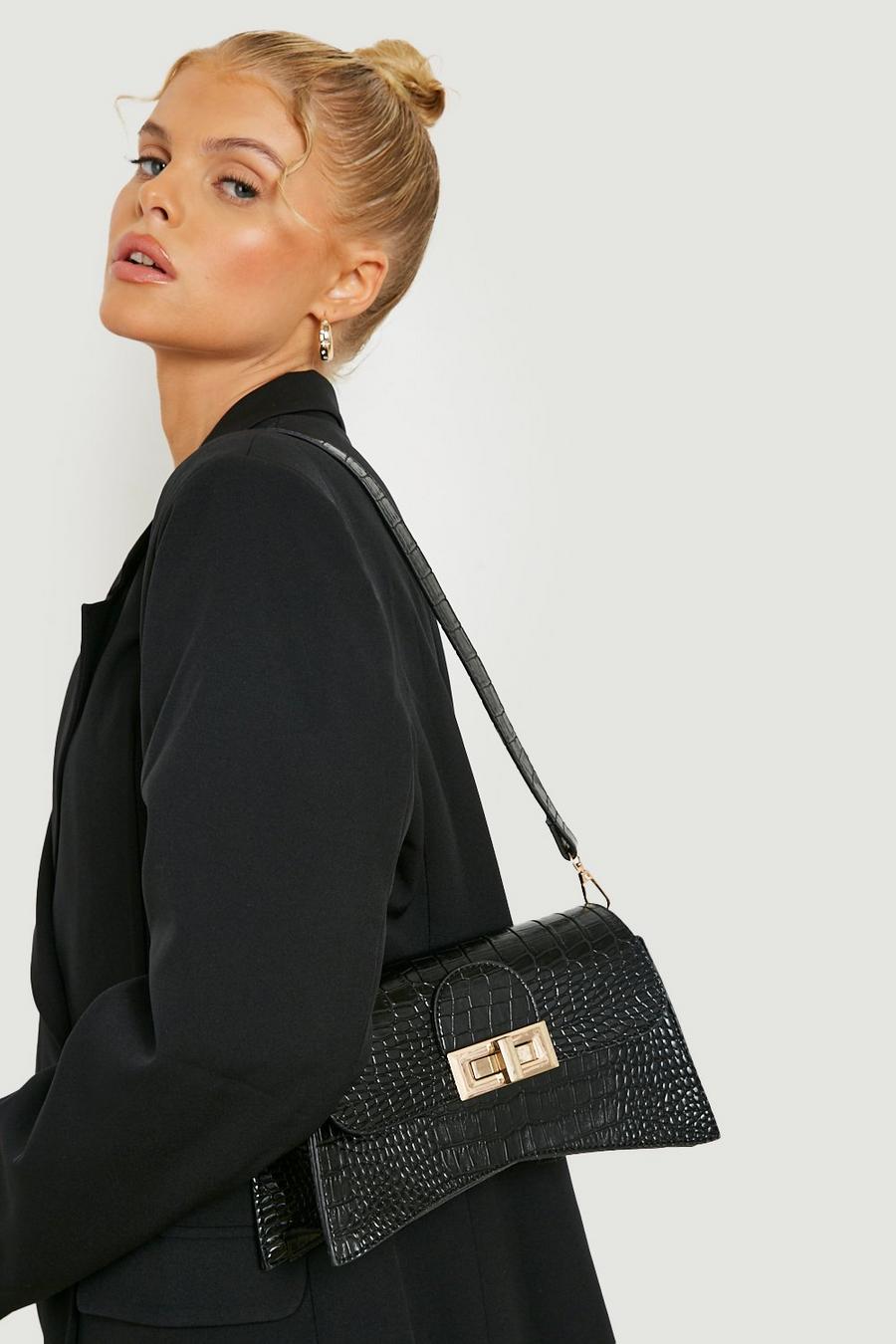Black svart Handväska med krokodilskinnseffekt och metalldetalj image number 1