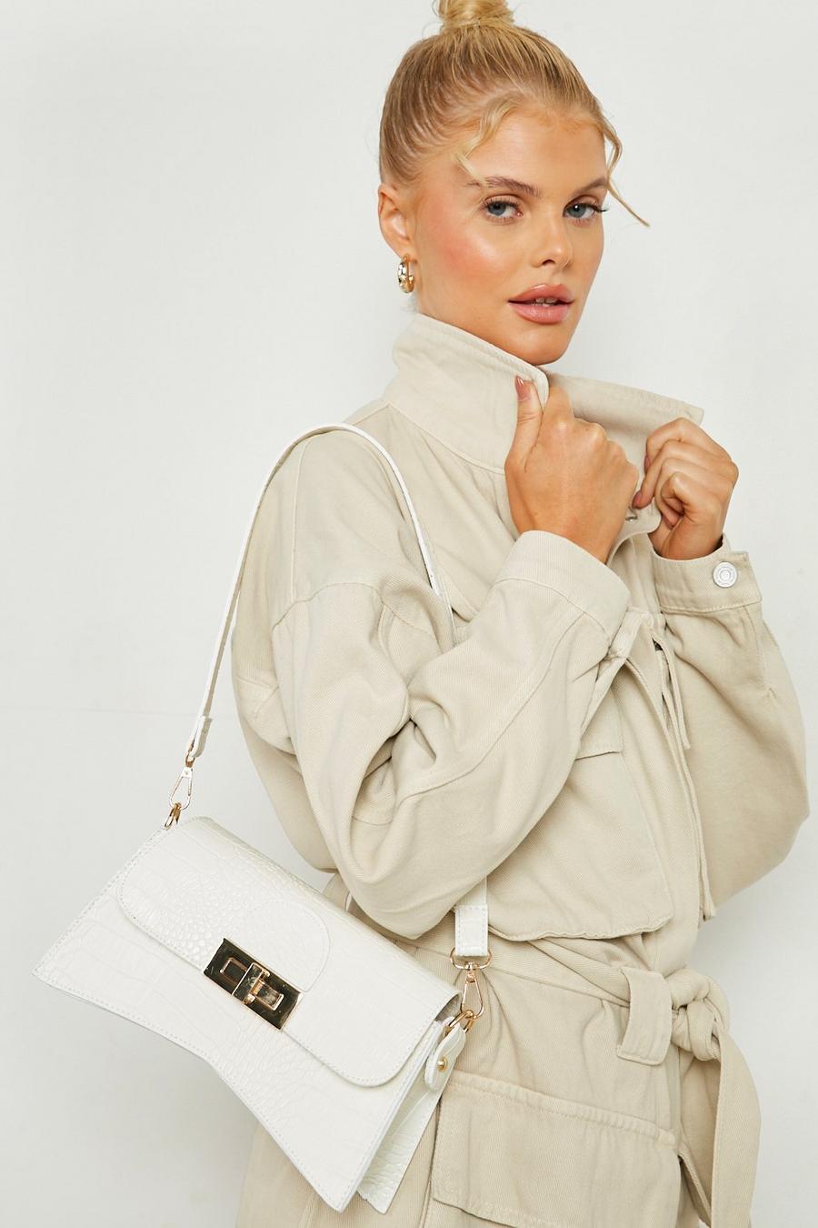 White Croc Metal Trim Shoulder Bag