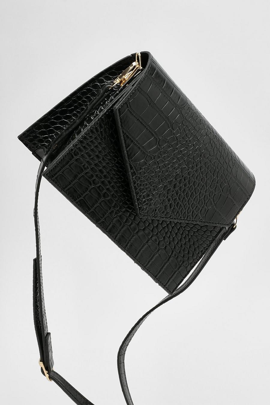 Bolso cruzado de cuero sintético estilo sobre con acabado de cocodrilo, Black image number 1