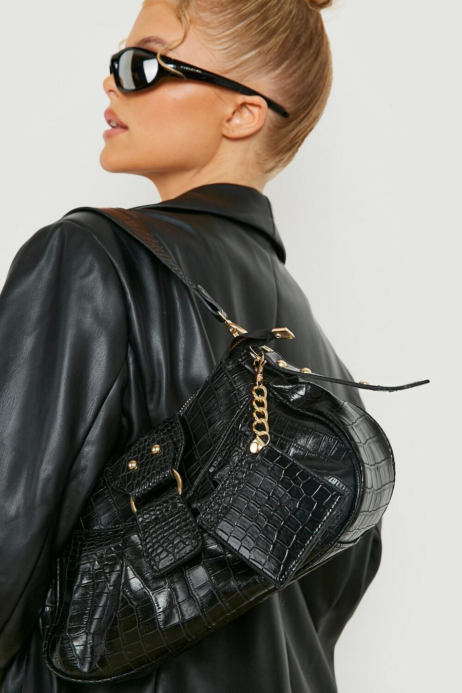 Black Multi Pouch Croc Shoulder Bag