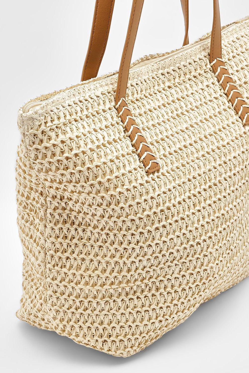 Straw tote bag with zipper on sale