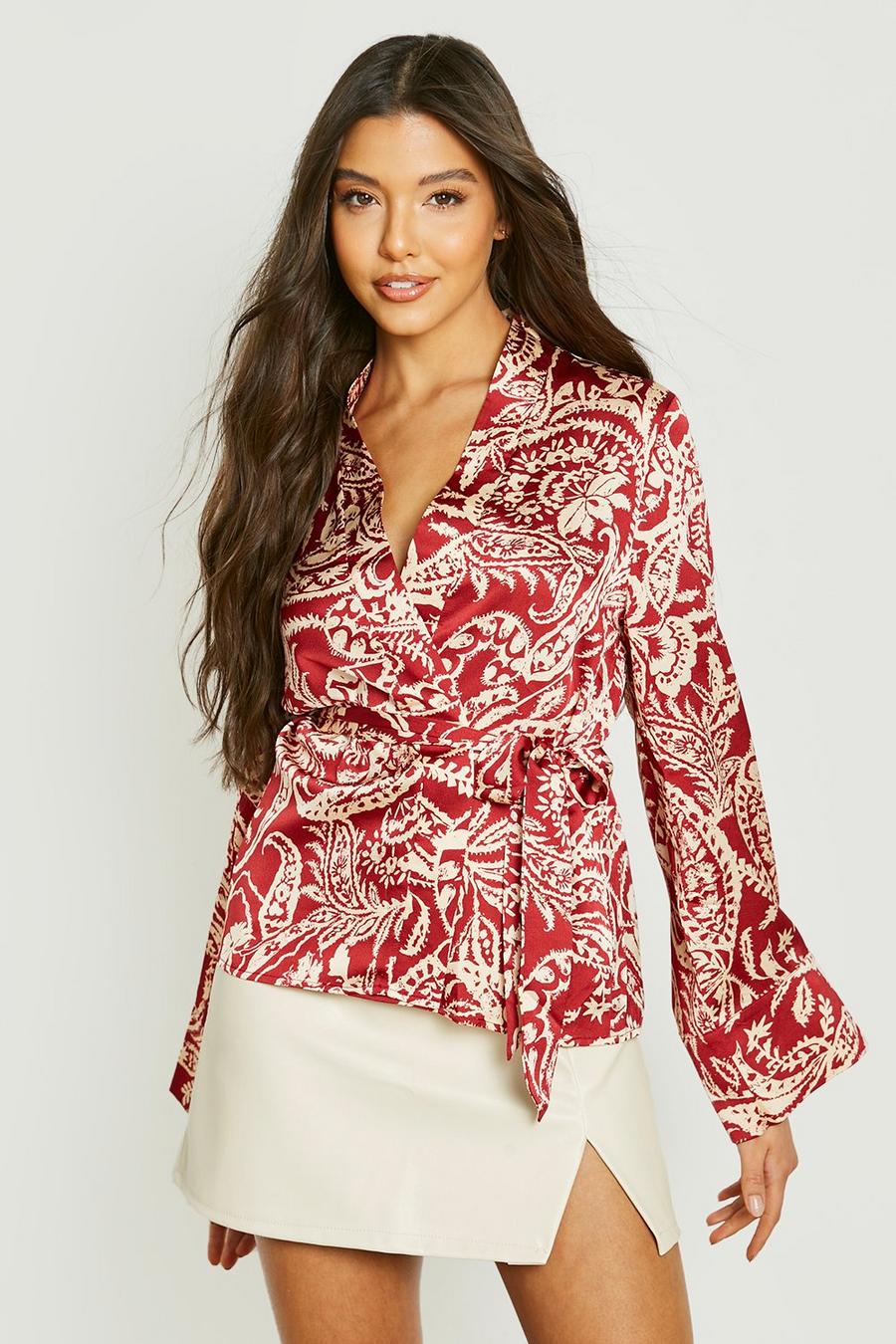 Red Print Wide Kimono Sleeve Satin Belted Blouse image number 1
