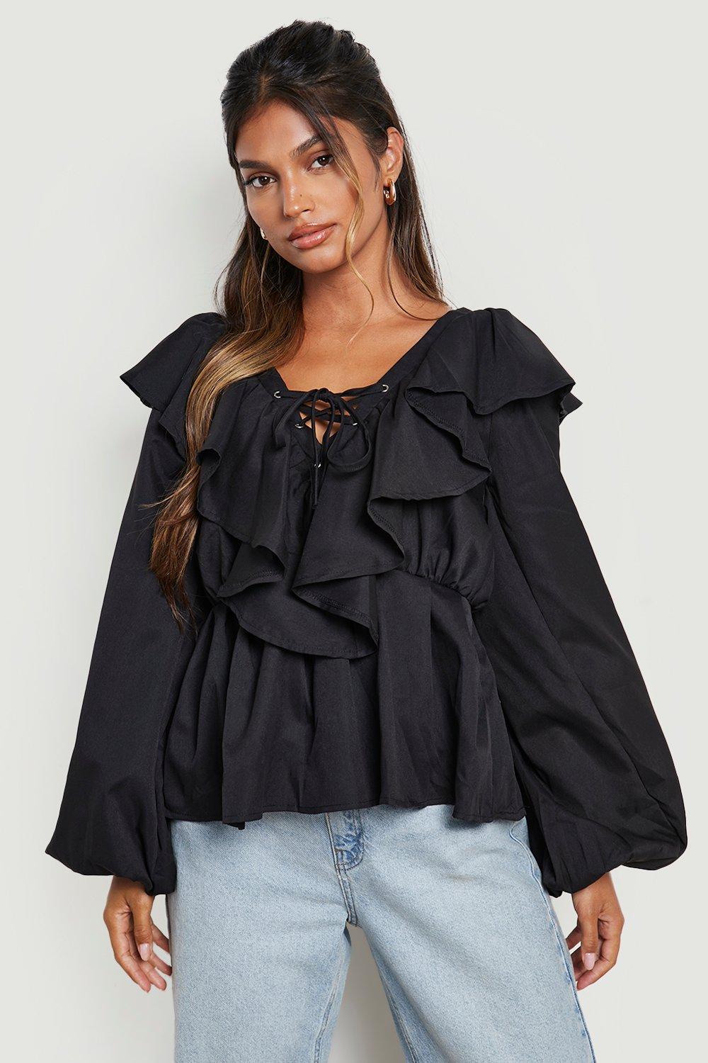 Tie Front Frill Detail Smock Top boohoo USA