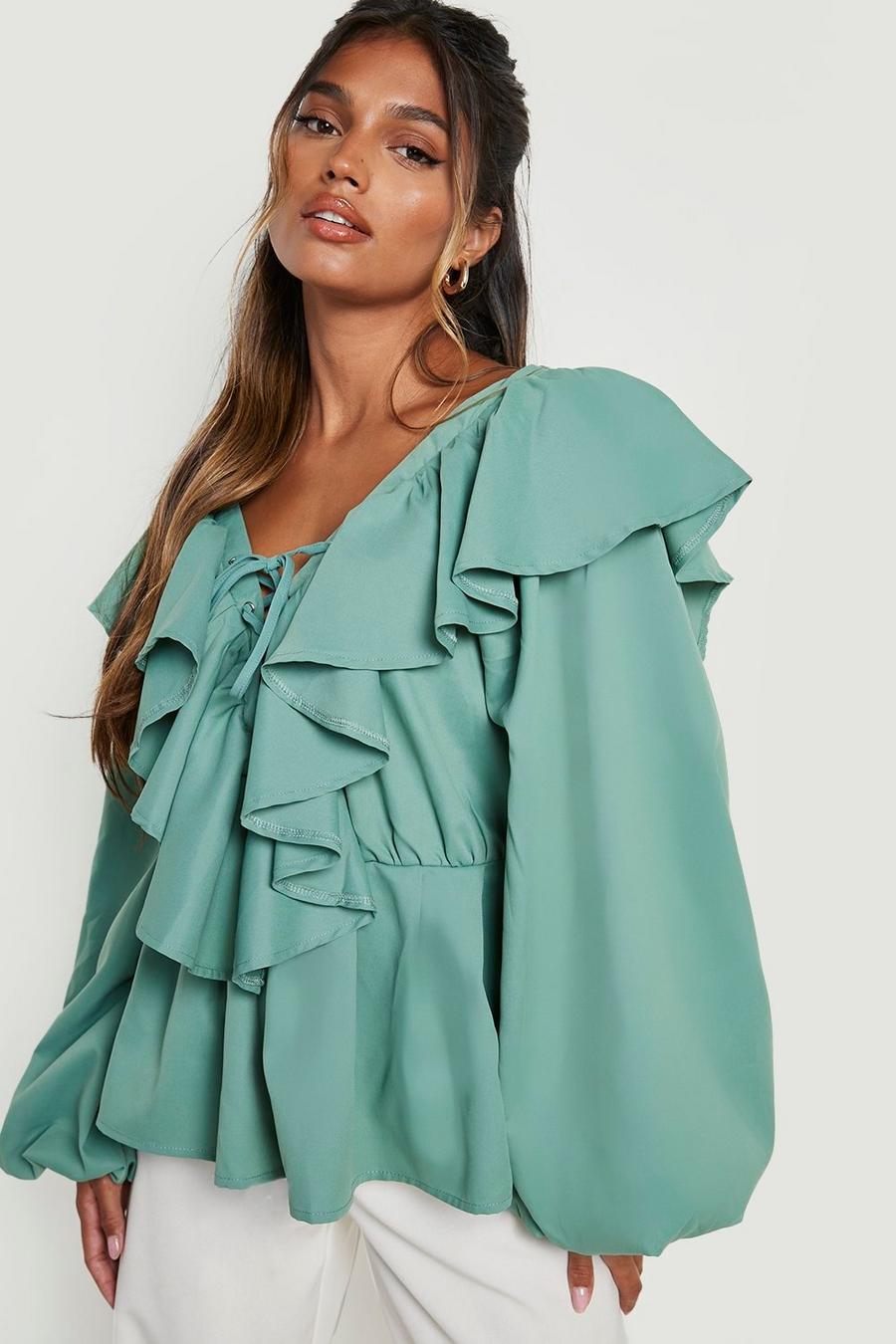 Green Tie Front Frill Detail Smock Top
