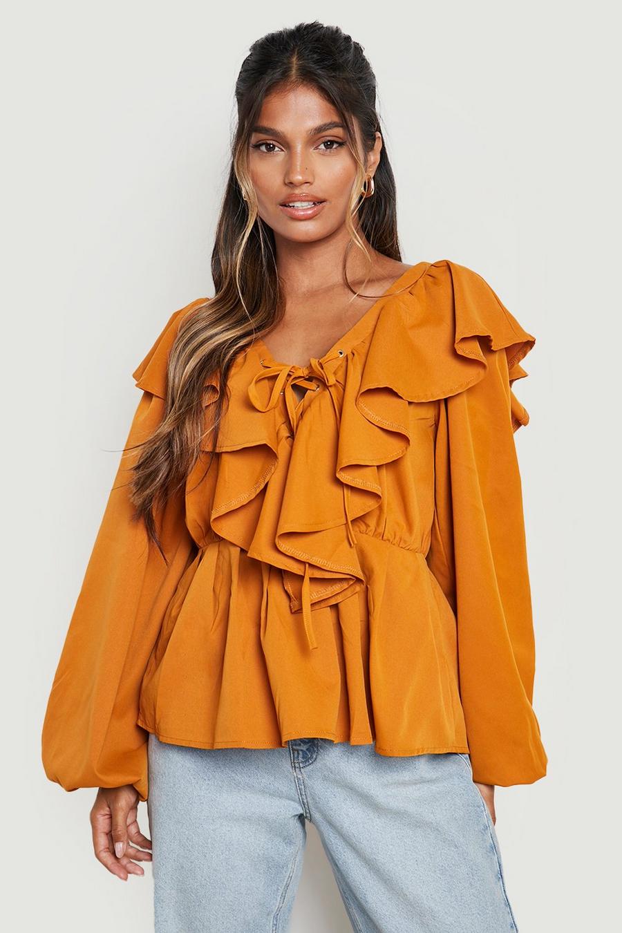 Mustard yellow Tie Front Frill Detail Smock Top