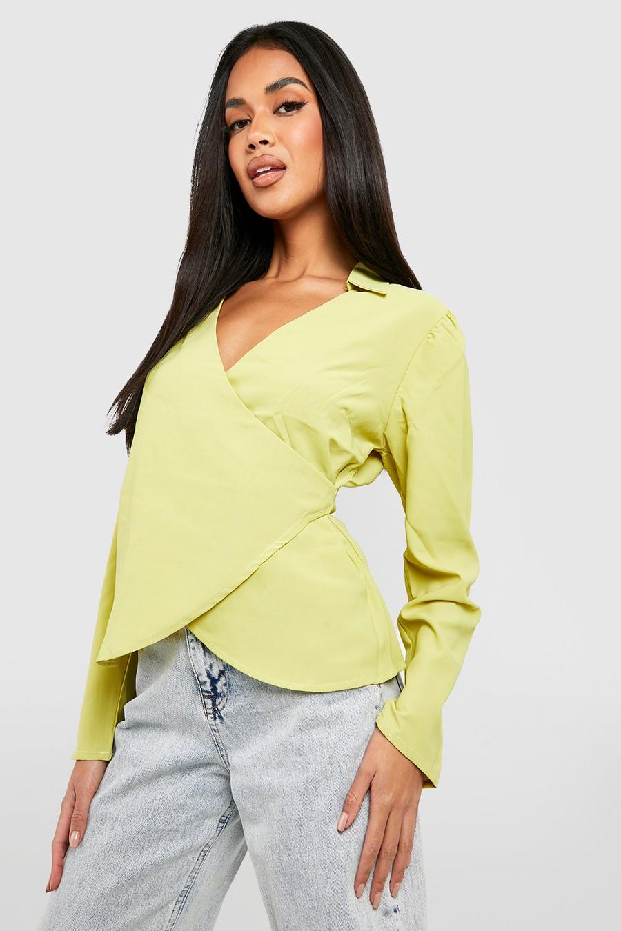 Chartreuse amarillo Satin Wrap Puff Shoulder Shirt