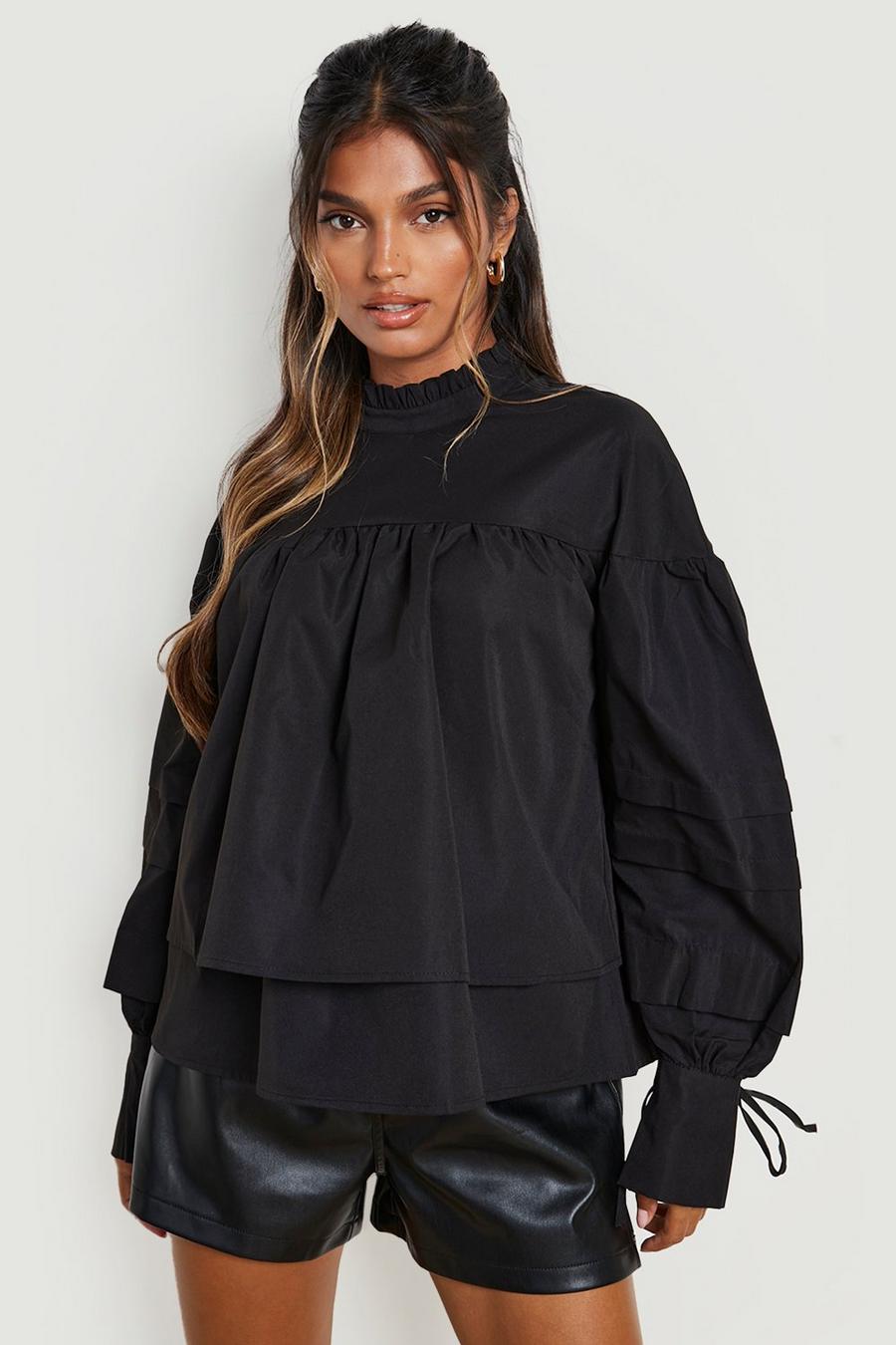 Black High Neck Tiered Sleeve Blouse
