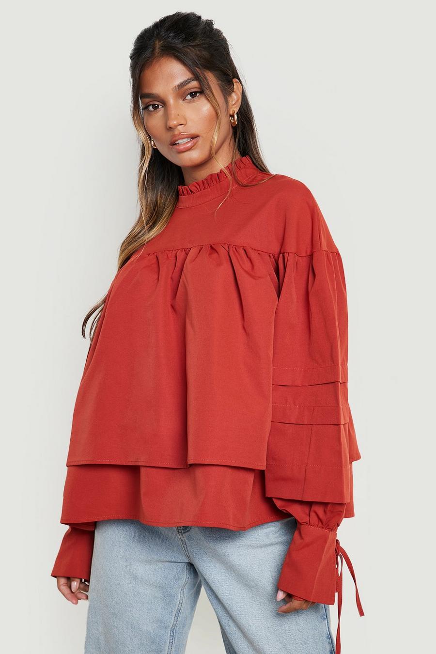Rust High Neck Tiered Sleeve Blouse image number 1