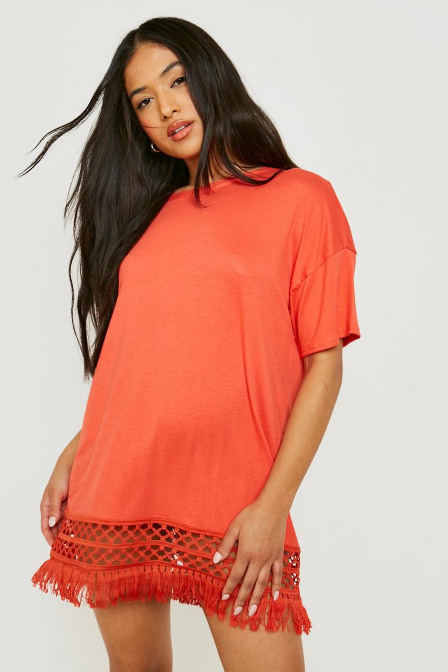 Orange Petite Crochet Tassel Hem Beach Dress image number 1