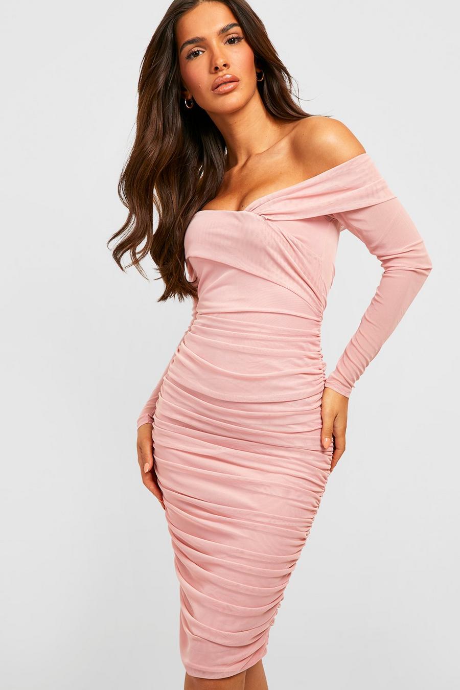 Blush pink Mesh Off The Shoulder Midi Dress