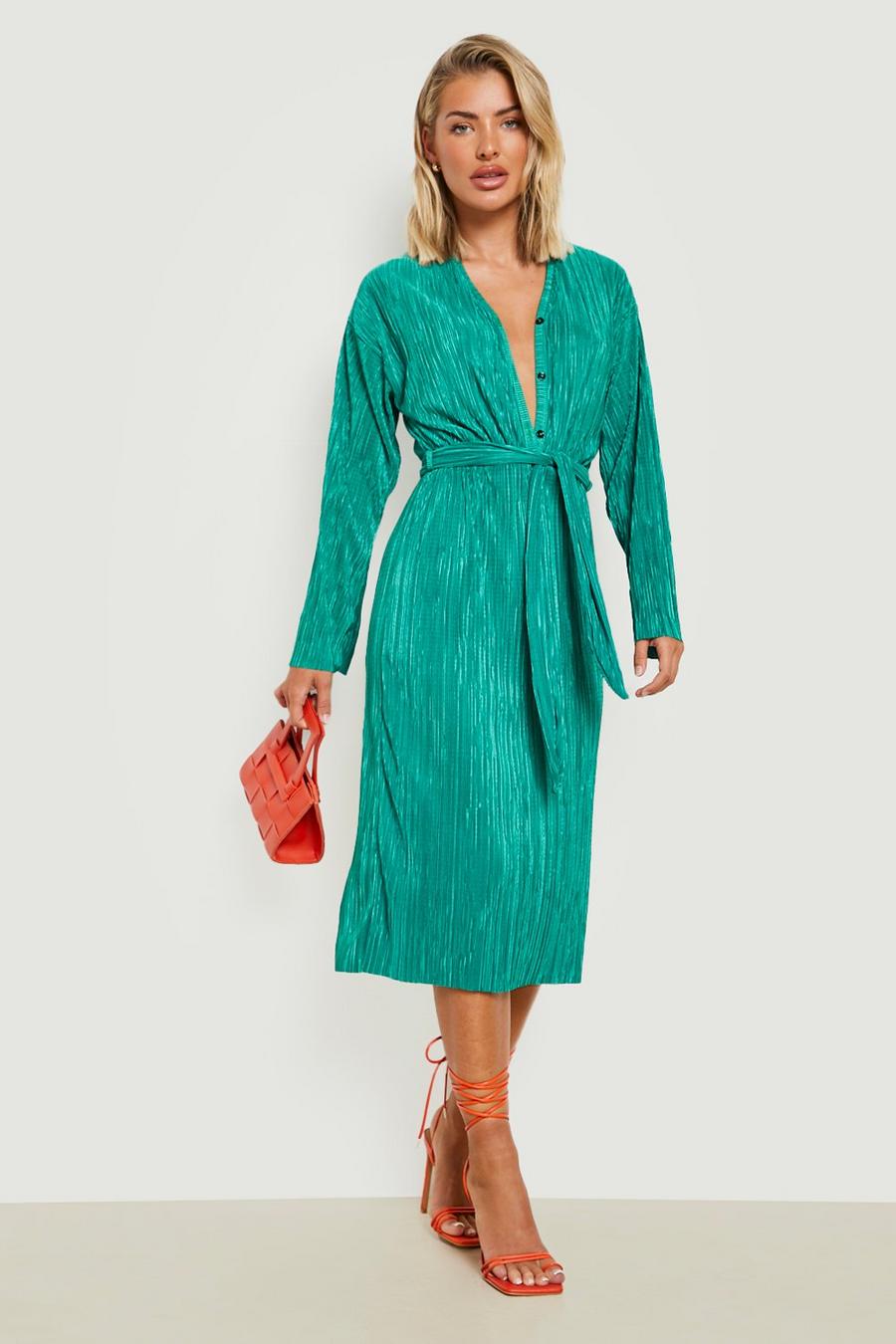 Green Plisse Tie Waist Midi Shirt Dress image number 1