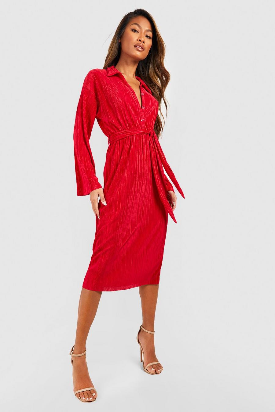 Red Plisse Tie Waist Midi Shirt Dress image number 1