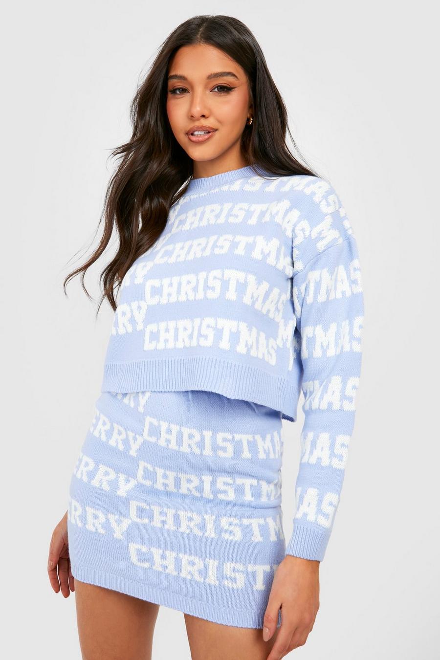 Blue Merry Xmas Slogan Christmas Sweater Two-Piece