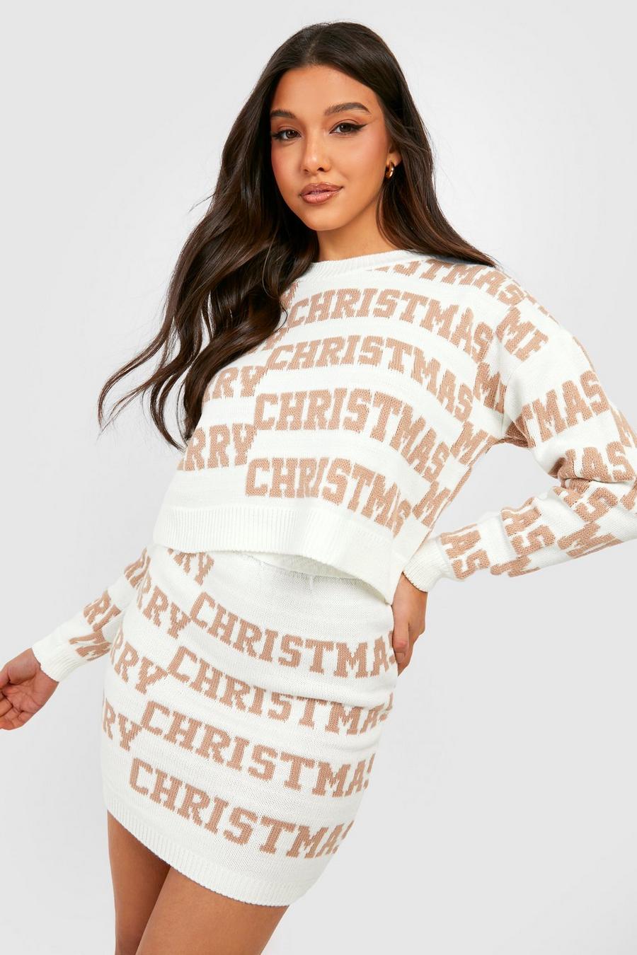 Ivory Merry Xmas Slogan Christmas Jumper Co-ord image number 1