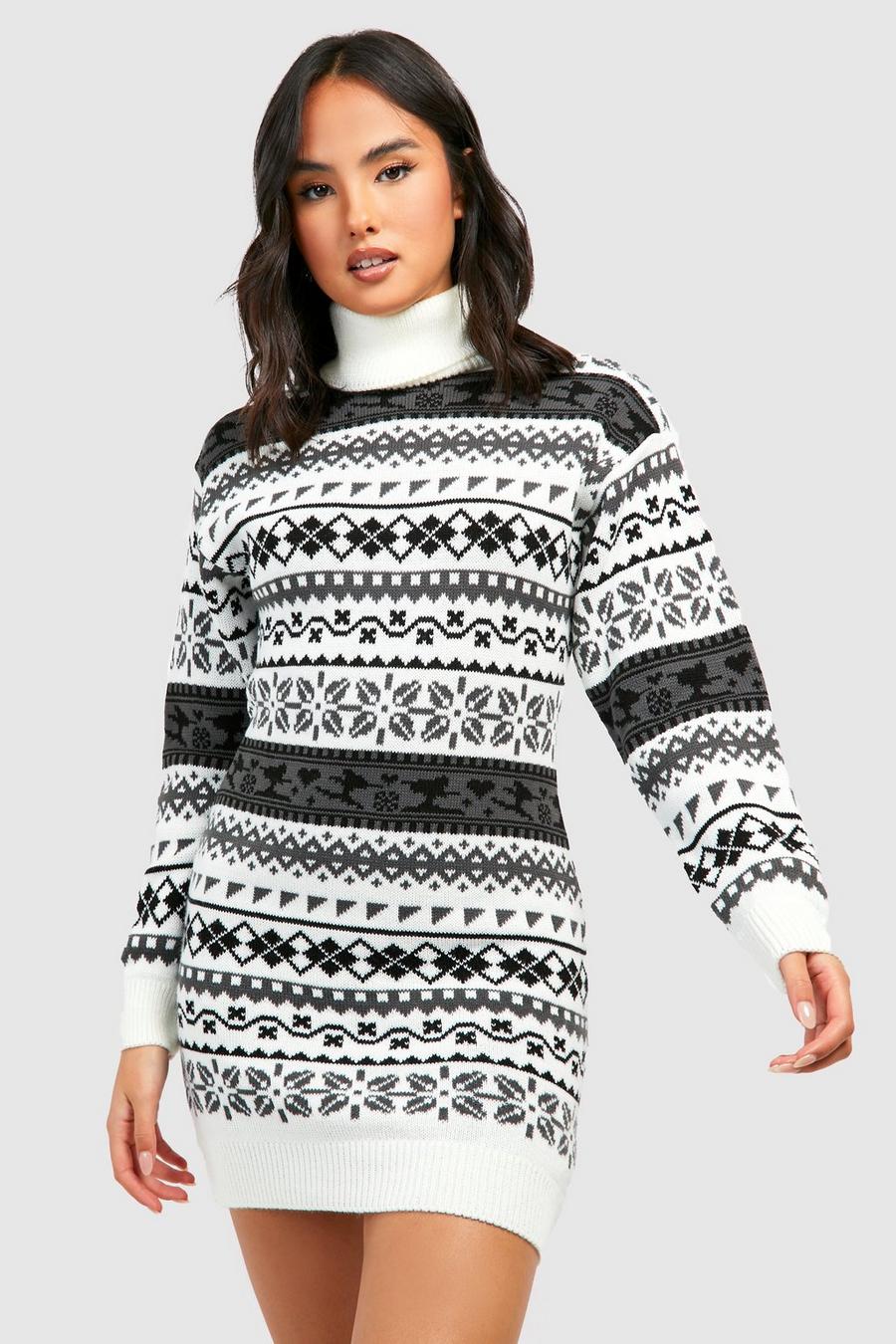 Cream Turtleneck Fairisle Christmas Sweater Dress image number 1