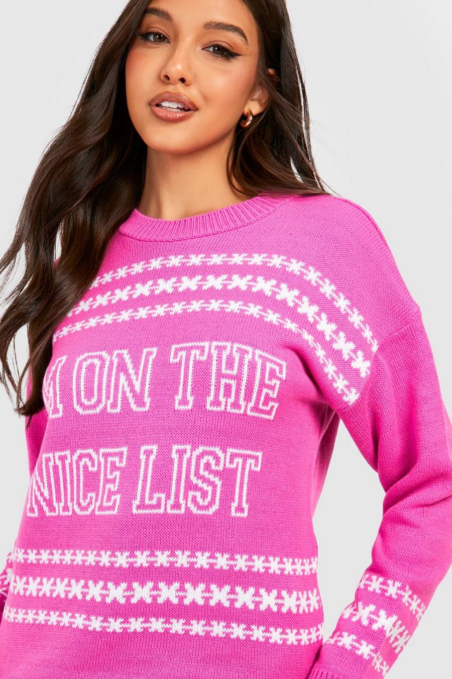 Pink Nice List Slogan Christmas Jumper image number 1