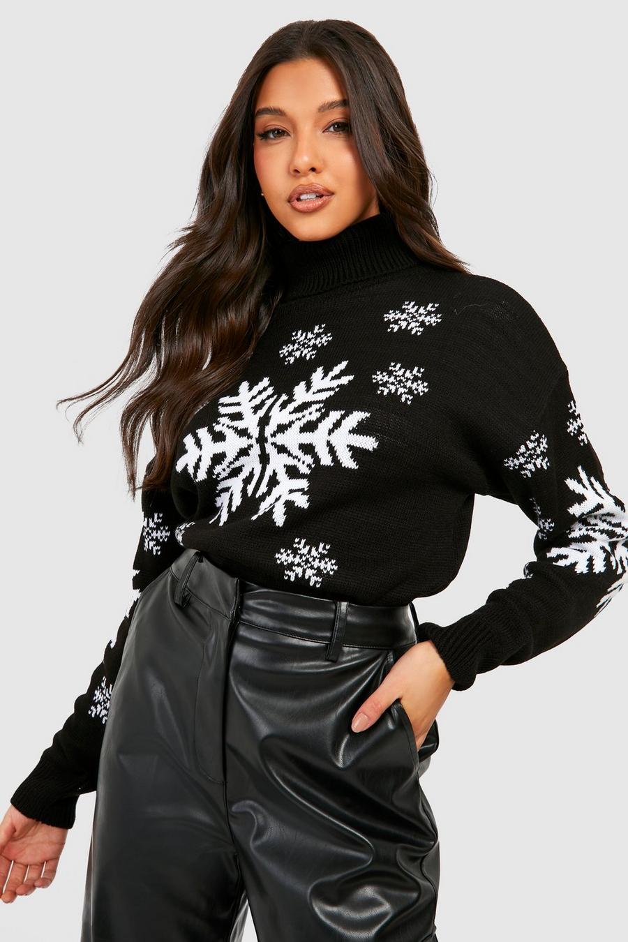 Black Snowflake Turtleneck Christmas Sweater image number 1