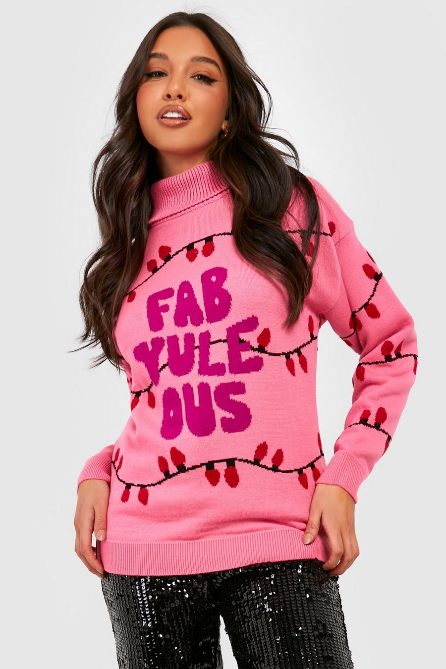 Pink Fab Yule Us Roll Neck Christmas Jumper