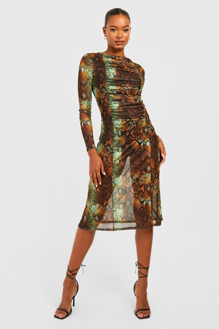 Brown Tall Ruche Front Snake Mesh Midi Dress image number 1