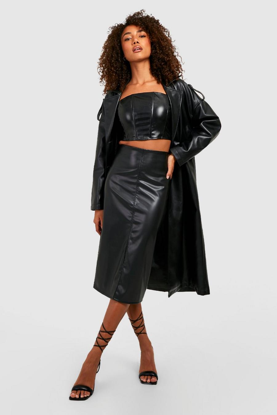 Falda Tall midi de cuero sintético con abertura frontal, Black image number 1