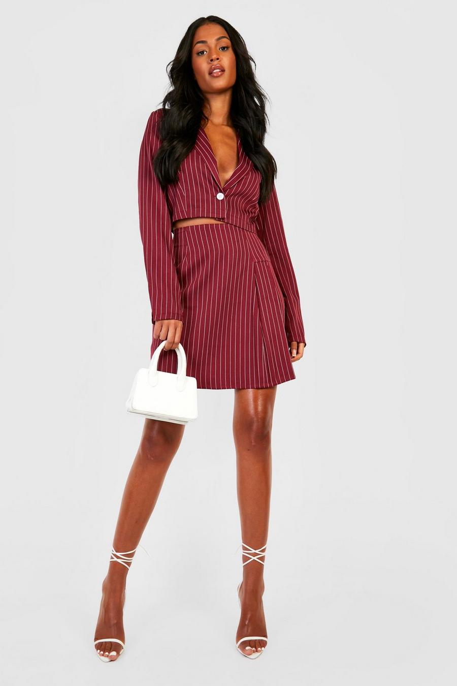 Tall - Mini-jupe plissée à rayures, Burgundy image number 1