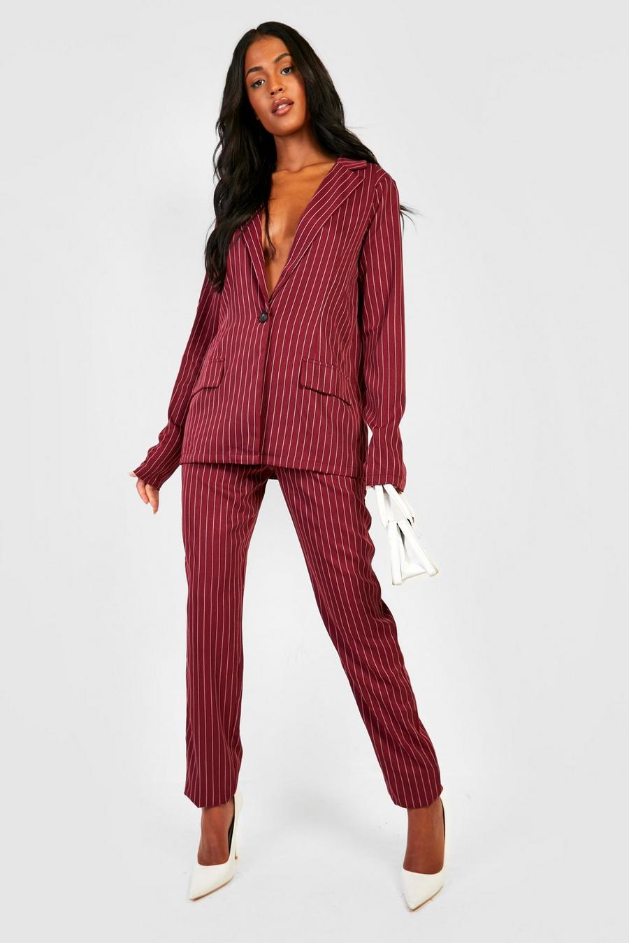 Burgundy red Tall - Kritstrecksrandiga kostymbyxor