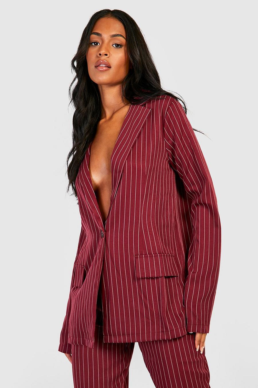 Burgundy Tall Pinstripe Tailored Blazer image number 1