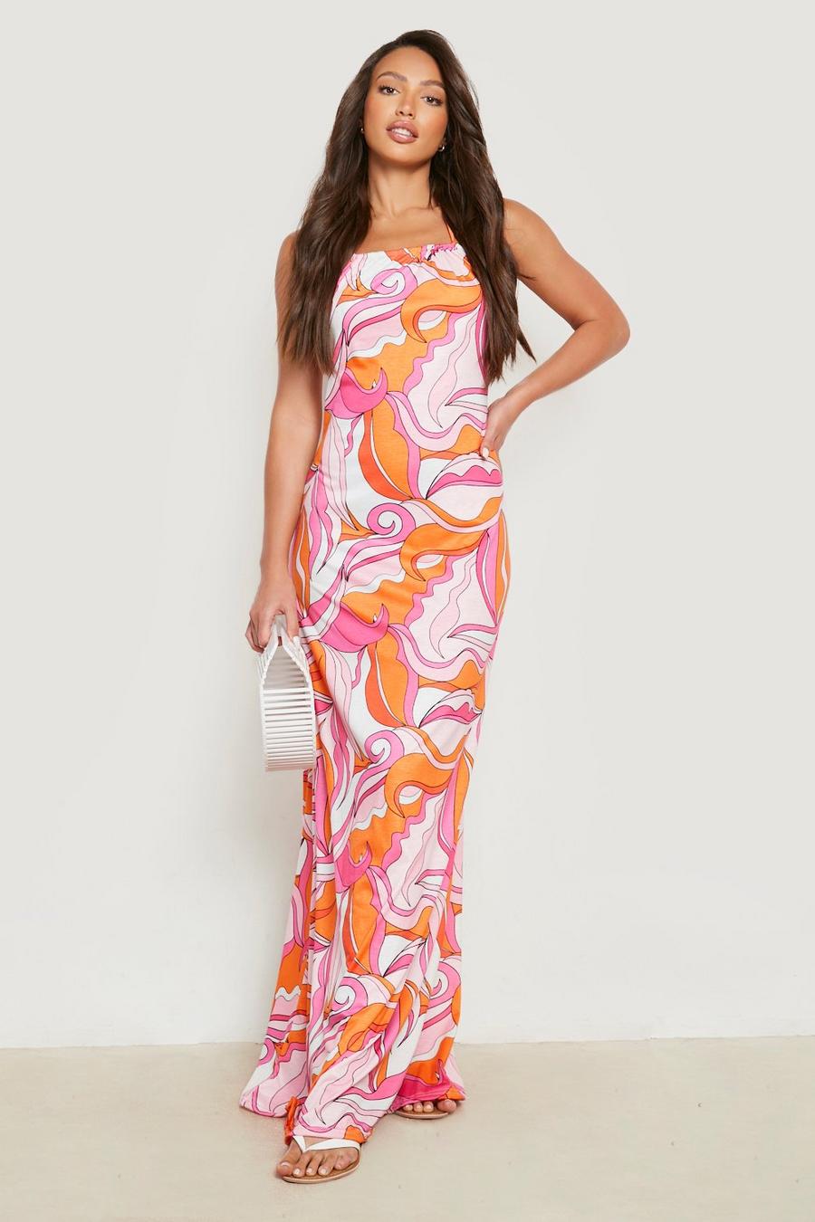 Pink Tall Swirl Print Halter Neck Maxi Dress image number 1